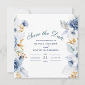Elegante blauwe en gouden bloemenbruiloft save the date (Voorkant)