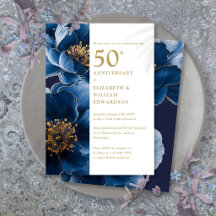 Elegante Blauwe En Gouden Bloemige 50ste Verjaarda