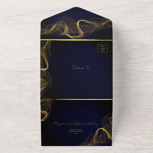 Elegante Blauwe en Gouden Douanefoto Huwelijk All In One Uitnodiging (Buitenkant)