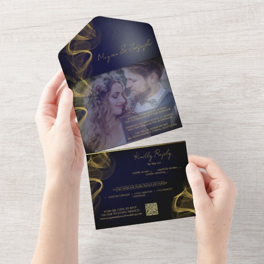 Elegante Blauwe en Gouden Douanefoto Huwelijk All In One Uitnodiging (Afscheurbaar)