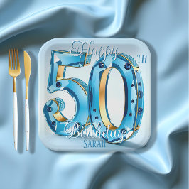 Elegante Blauwe en Gouden Edelsteen 50ste Verjaard Papieren Bordje