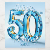 Elegante Blauwe en Gouden Edelsteen 50ste Verjaard Wijn Etiket (Enkel label)