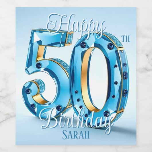 Elegante Blauwe en Gouden Edelsteen 50ste Verjaard Wijn Etiket (Enkel label)