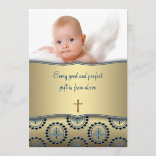 Elegante blauwe en gouden foto van babyjongen doop kaart