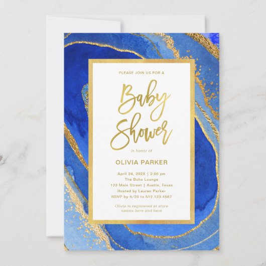 Elegante blauwe en gouden geode | Baby Shower Kaart (Voorkant)