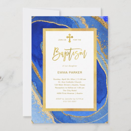 Elegante blauwe en gouden geode | doop kaart (Voorkant)