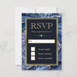 Elegante Blauwe en Gouden Glitter Agate Bruiloft RSVP Kaartje