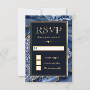 Elegante Blauwe en Gouden Glitter Agate Bruiloft RSVP Kaartje