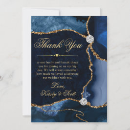 Elegante Blauwe en Gouden Glitter Agate Huwelijk Bedankkaart