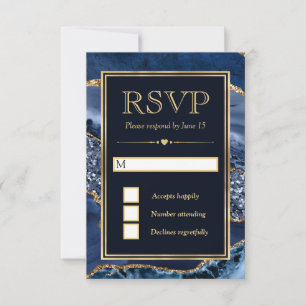 Elegante Blauwe en Gouden Glitter Agate Trouwdag RSVP Kaartje
