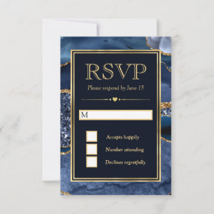 Elegante Blauwe en Gouden Glitter Agate Trouwdag RSVP Kaartje