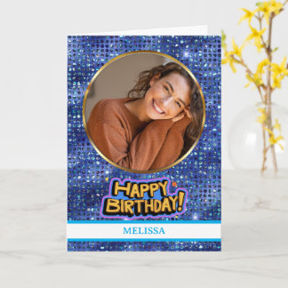 Elegante Blauwe en Gouden Glitter Foto Naam Verjaa Kaart
