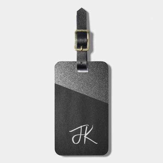 Elegante Blauwe en Gouden Glitter Monogrammed Naam Bagagelabel (Voorkant verticaal)