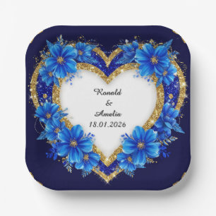 Elegante Blauwe en Gouden Hartvormige Lijst Papieren Bordje