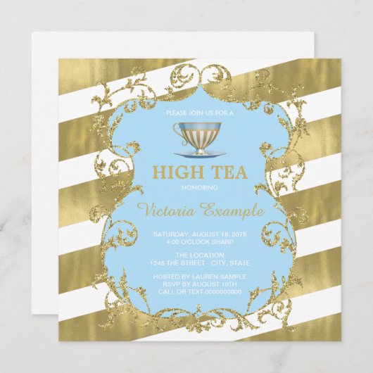 Elegante blauwe en gouden high tea kaart (Voorkant / Achterkant)