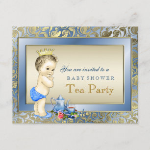 Elegante Blauwe en Gouden Jongens Theepartij Baby  Kaart