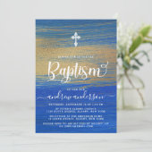 Elegante Blauwe en Gouden Jongensdoop Kaart (Staand voorkant)