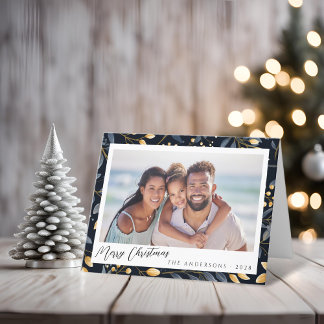 Elegante blauwe en gouden kerstblad gevouwen foto feestdagen kaart