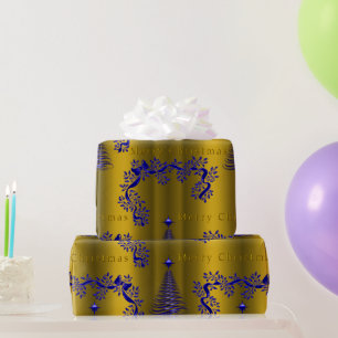 Elegante Blauwe en Gouden Kerstmis Cadeaupapier