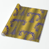 Elegante Blauwe en Gouden Kerstmis Cadeaupapier (Uitgerold)