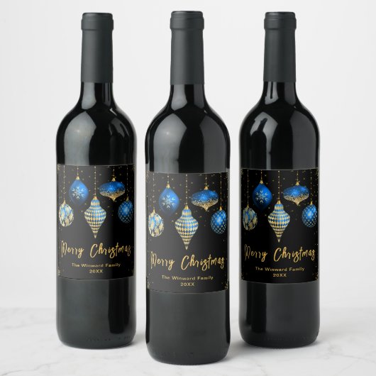 Elegante Blauwe en Gouden Kerstversiering Wijn Etiket (Flessen)