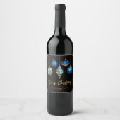 Elegante Blauwe en Gouden Kerstversiering Wijn Etiket (Voorkant)