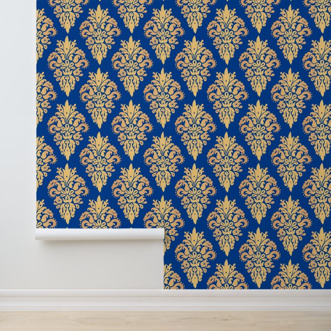 Elegante Blauwe en Gouden Klassieke Damast Behang (Applicatie)