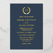 Elegante Blauwe en Gouden Krans Monogram Bruiloft Folie Uitnodiging (Voorkant)