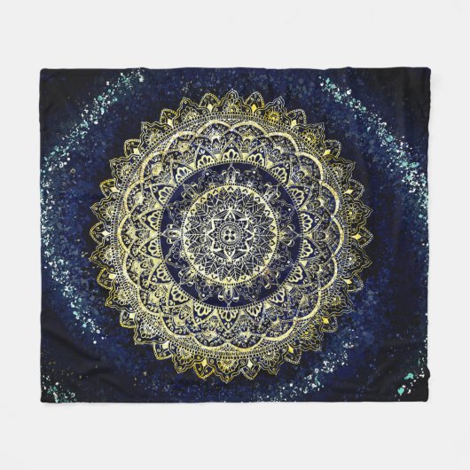 Elegante blauwe en gouden Mandala Art Boho Beach Fleece Deken (Voorkant (Horizontaal))