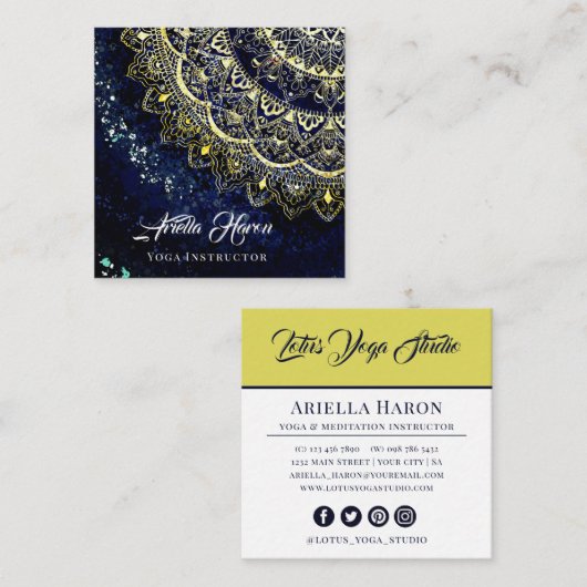 Elegante blauwe en gouden Mandala Art Yoga Instruc Vierkante Visitekaartje (Voorkant / Achterkant)