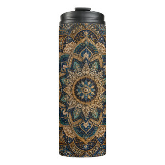 Elegante blauwe en gouden mandala-patroon slanke w thermosbeker