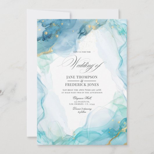 Elegante blauwe en gouden marmeren inkt bruiloft kaart (Voorkant)