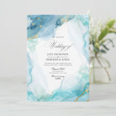 Elegante blauwe en gouden marmeren inkt bruiloft kaart (Staand voorkant)