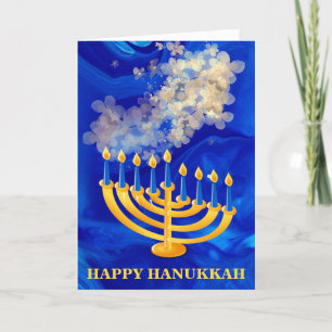 Elegante Blauwe En Gouden Menora Gelukkig Hanukka Feestdagen Kaart
