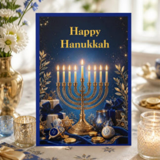 Elegante Blauwe en Gouden Menora Hanukka Feestdagenkaart