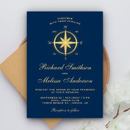 Elegante Blauwe en Gouden Nautilus Kompas Bruiloft Kaart