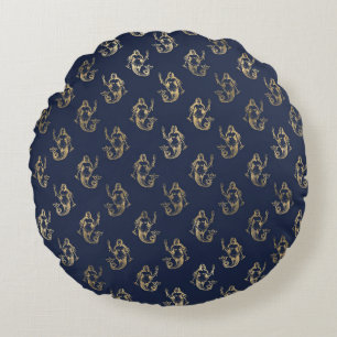 Elegante blauwe en gouden nautische en vintage pat rond kussen