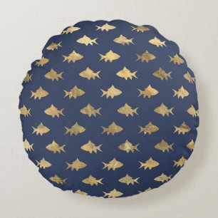 Elegante blauwe en gouden nautische en vintage pat rond kussen