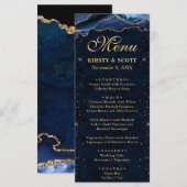 Elegante Blauwe en Gouden Nep Glitter Agate Bruilo Menu (Voorkant / Achterkant)