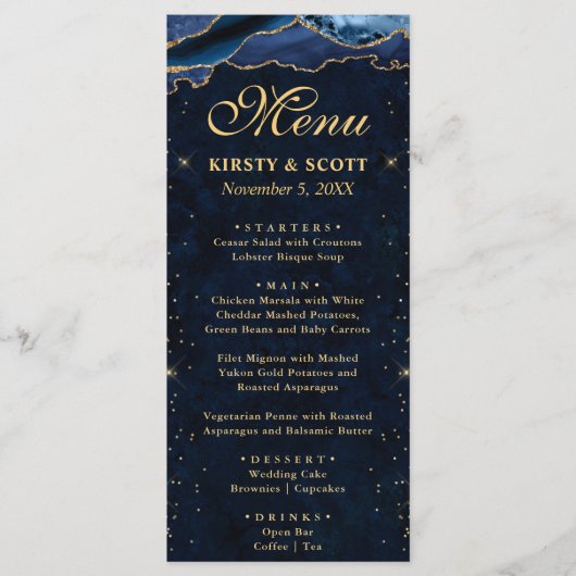 Elegante Blauwe en Gouden Nep Glitter Agate Bruilo Menu (Voorkant)