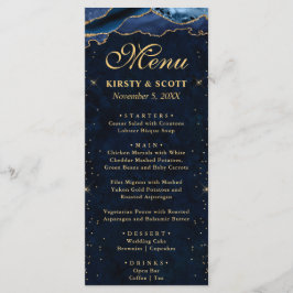 Elegante Blauwe en Gouden Nep Glitter Agate Bruilo Menu