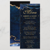 Elegante Blauwe en Gouden Nep Glitter Agate Bruilo Menu (Voorkant / Achterkant)