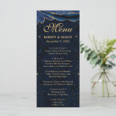 Elegante Blauwe en Gouden Nep Glitter Agate Bruilo Menu (Staand voorkant)