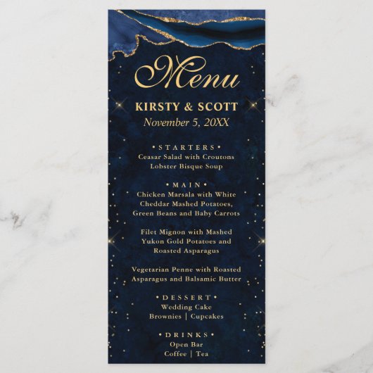 Elegante Blauwe en Gouden Nep Glitter Agate Bruilo Menu (Voorkant)