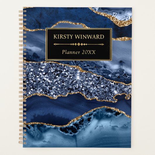 Elegante Blauwe en Gouden Oceaan Glitter Agate Planner (Voorkant)