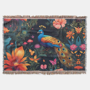 Elegante Blauwe en Gouden Pauw in Roze Tuin Deken