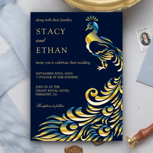 Elegante Blauwe en Gouden Peacock Bruiloft Uitnodi Kaart