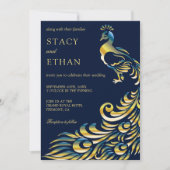 Elegante Blauwe en Gouden Peacock Bruiloft Uitnodi Kaart (Voorkant)