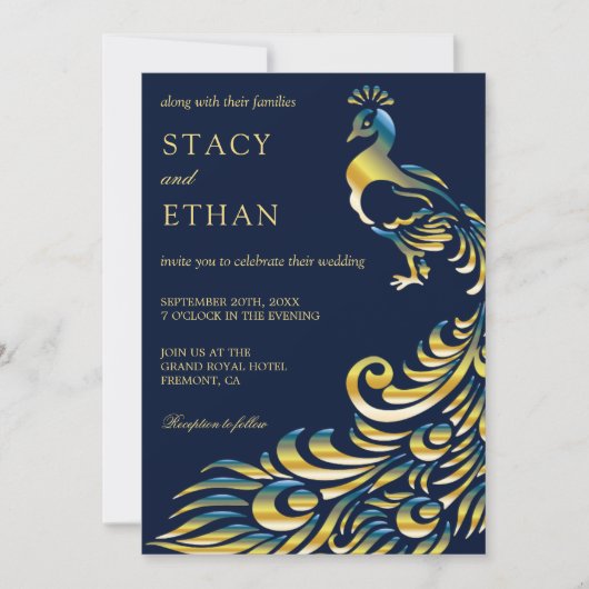 Elegante Blauwe en Gouden Peacock Bruiloft Uitnodi Kaart (Voorkant)