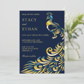 Elegante Blauwe en Gouden Peacock Bruiloft Uitnodi Kaart (Staand voorkant)